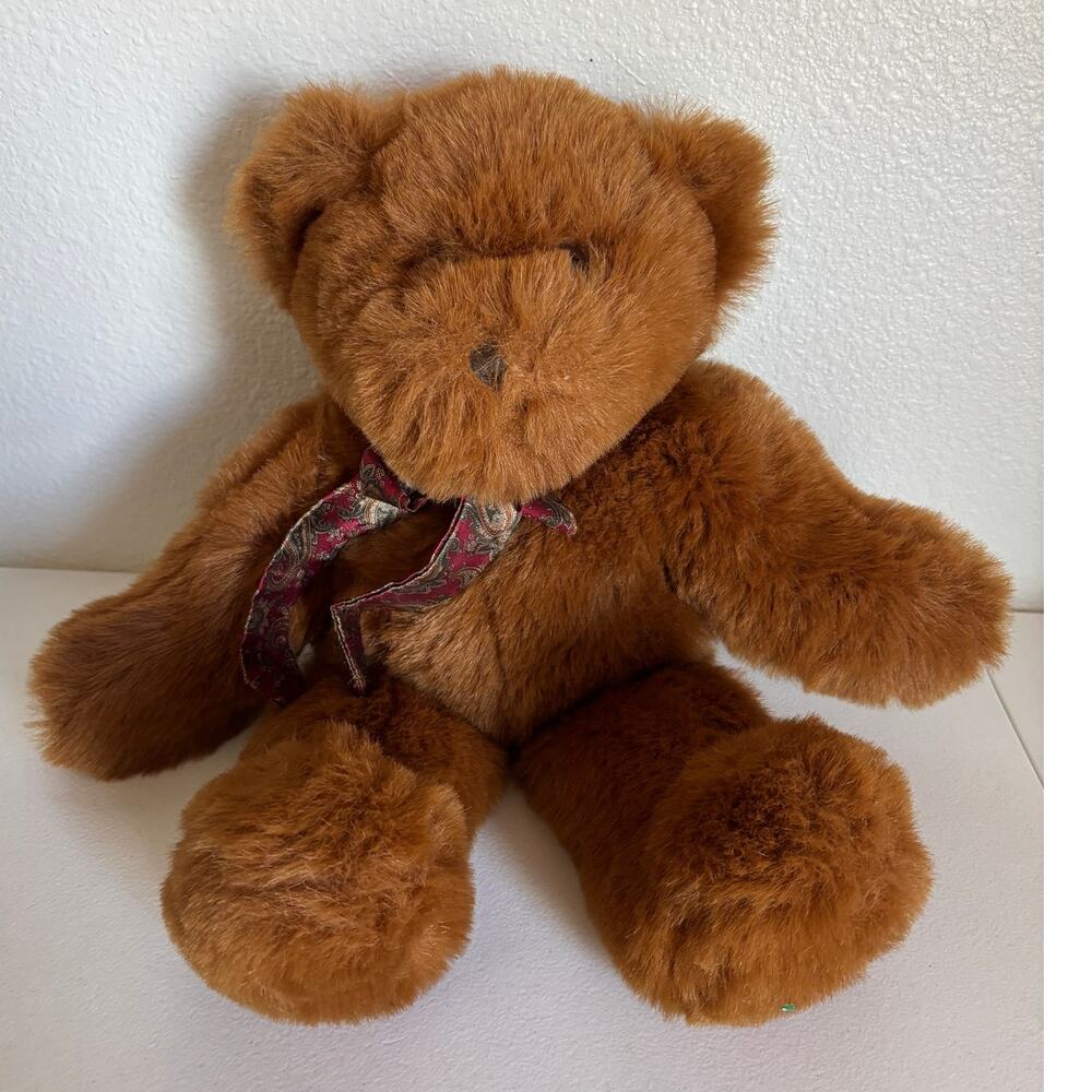 Vintage Russplus Russ Berrie Brown Teddy Bear 15" Plush Red Paisley Neck Bow